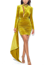 Load image into Gallery viewer, GRACYN GOLD CUTOUT LONG SLEEVE DRAPING VELVET DRESS