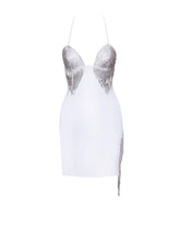 Load image into Gallery viewer, QUENNA WHITE HALTER NECK DRESS WITH CRYSTAL FRINGE