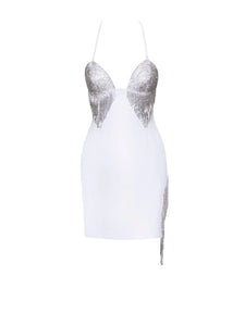 QUENNA WHITE HALTER NECK DRESS WITH CRYSTAL FRINGE