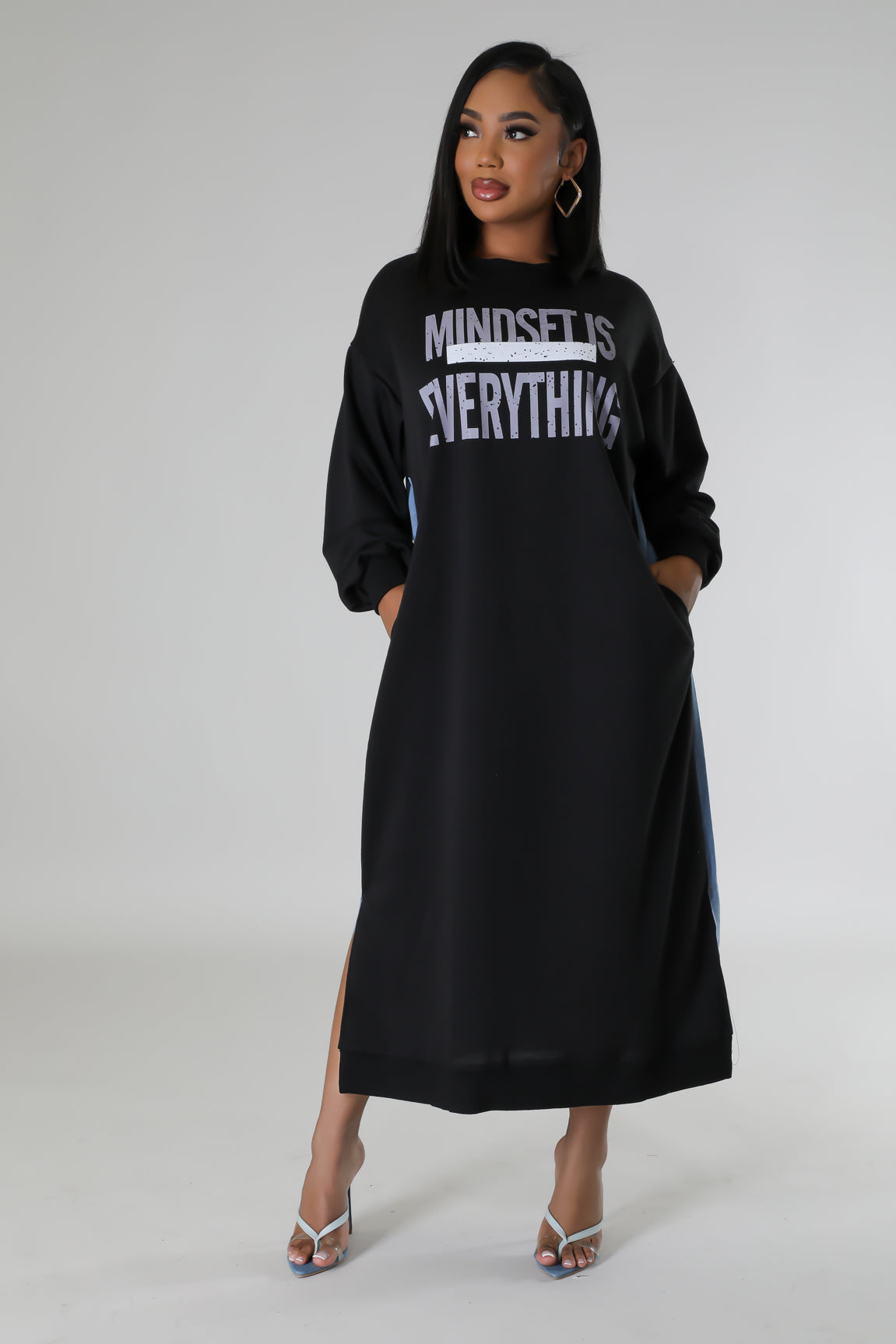 MINDSET IS EVERYTHING HALF DENIM SWEATSHIRT DRESS