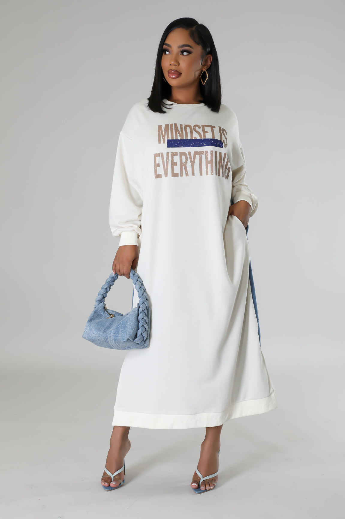 MINDSET IS EVERYTHING HALF DENIM SWEATSHIRT DRESS – Arelia's Dream