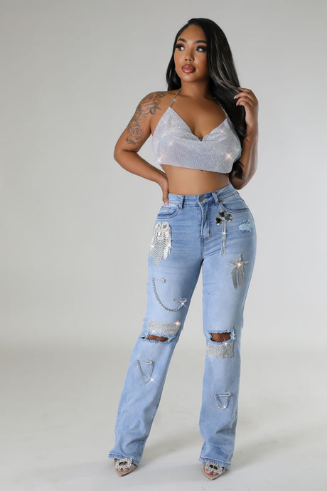 RHINESTONE EMBELLISHED TRIM DENIM JEANS