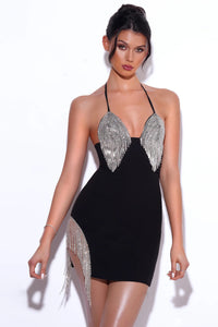 QUENNA BLACK HALTER NECK DRESS WITH CRYSTAL FRINGE
