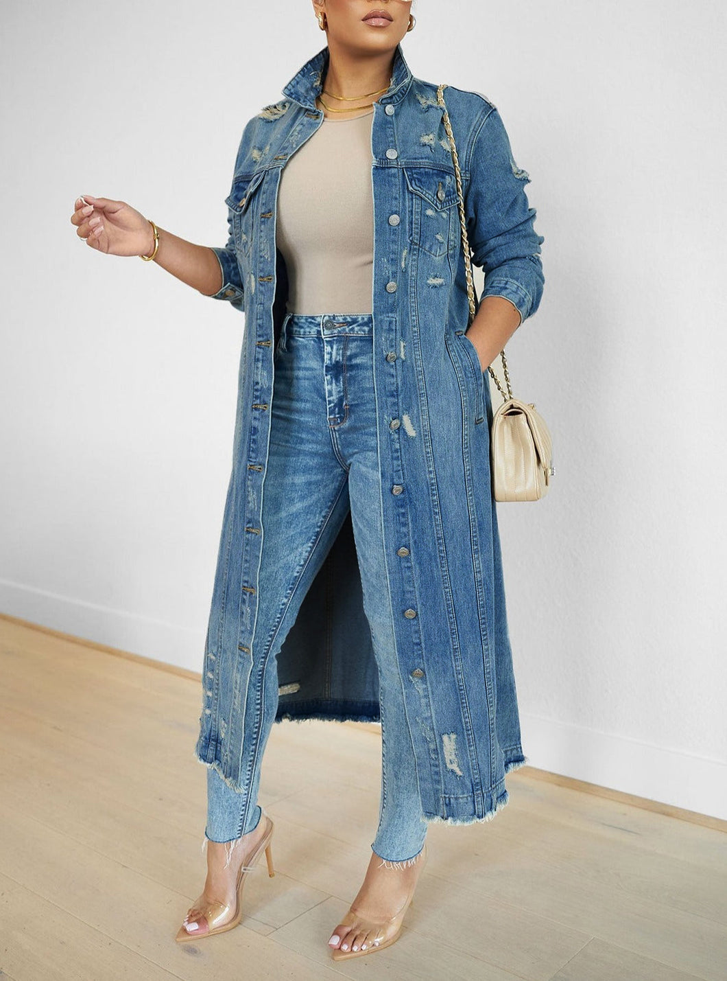 DISTRESSED LONG DENIM JACKET