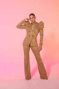 FAUX SUEDE PUFF SHOULDER PANT SUIT