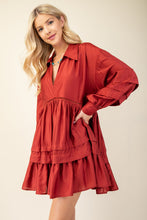 Load image into Gallery viewer, PLEATED LONG SLEEVE COLLARED DRESS WITH LACE DETAIL