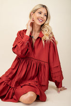 Load image into Gallery viewer, PLEATED LONG SLEEVE COLLARED DRESS WITH LACE DETAIL