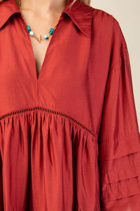 PLEATED LONG SLEEVE COLLARED DRESS WITH LACE DETAIL