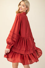 Load image into Gallery viewer, PLEATED LONG SLEEVE COLLARED DRESS WITH LACE DETAIL