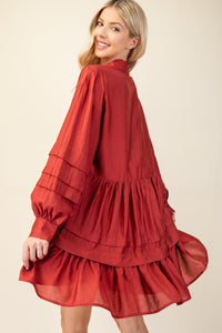 PLEATED LONG SLEEVE COLLARED DRESS WITH LACE DETAIL