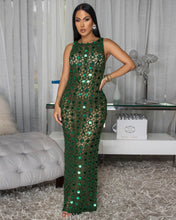 Load image into Gallery viewer, CROCHET SEQUIN HUNTER GREEN MAXI DRESS