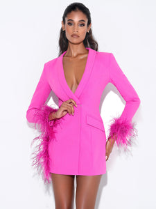 MADELINE FUCHSIA FEATHER TRIM BLAZER DRESS