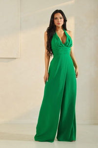 GREEN HALTER NECK JUMPSUIT WITH GATHERING
