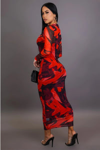 ABSTRACT RED PRINTED MESH MAXI DRESS