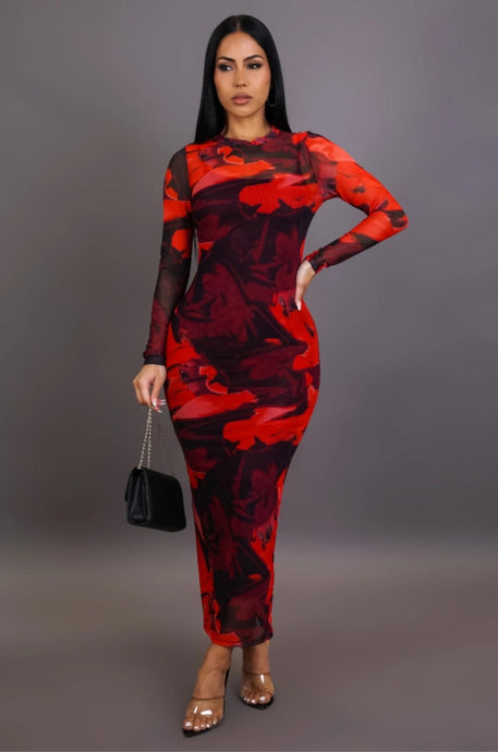 ABSTRACT RED PRINTED MESH MAXI DRESS