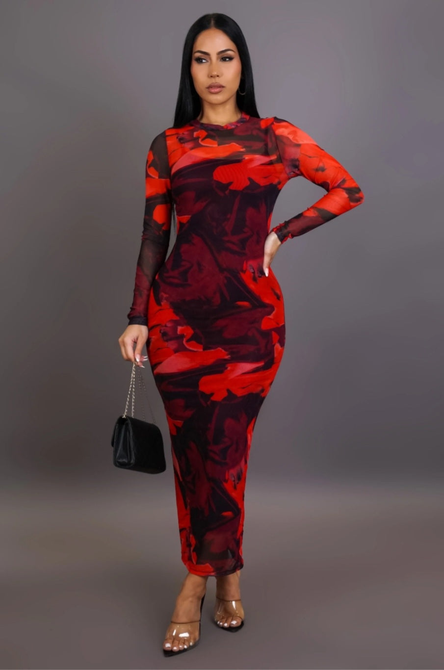 ABSTRACT RED PRINTED MESH MAXI DRESS