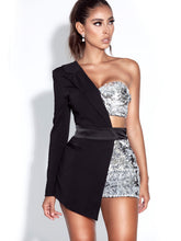 Load image into Gallery viewer, SKYLYNN SEQUIN BLACK ONE SLEEVE BLAZER ROMPER