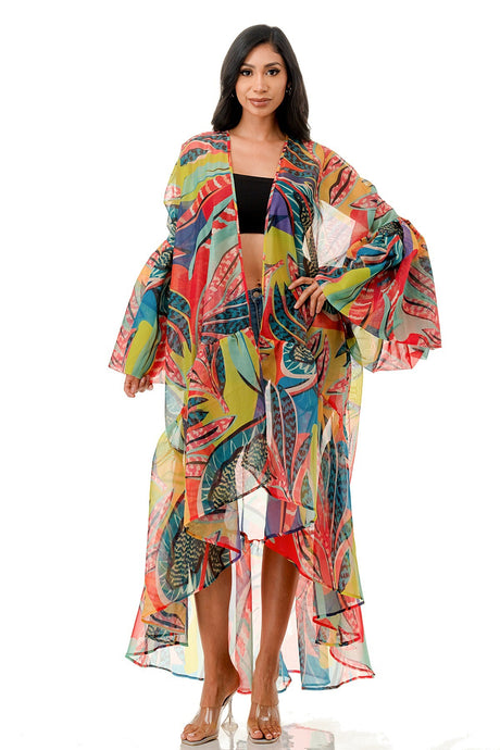 PRINTED SHEER BALLOON SLEEVE DUSTER