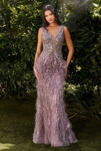 BEADED FEATHER FITTED GOWN