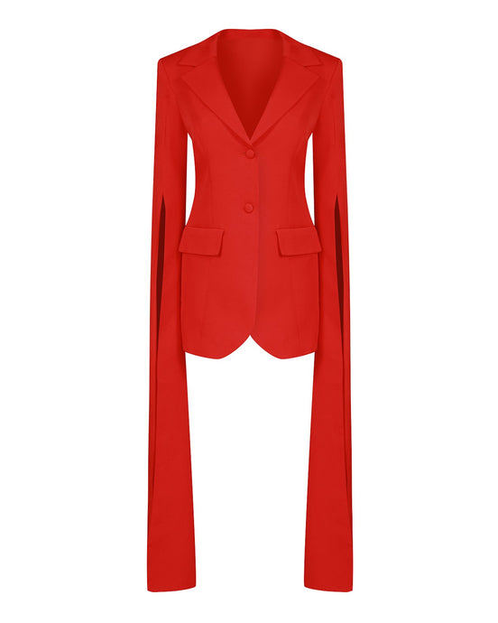 RED TAILORED BLAZER WITH SPLIT CAPE SLEEVES