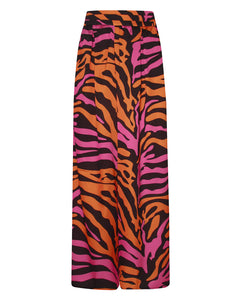 TIA WIDE LEG TROUSER WITH GATHERED WAISTBAND IN PINK AND ORANGE ZEBRA PRINT