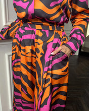 Load image into Gallery viewer, TIA WIDE LEG TROUSER WITH GATHERED WAISTBAND IN PINK AND ORANGE ZEBRA PRINT