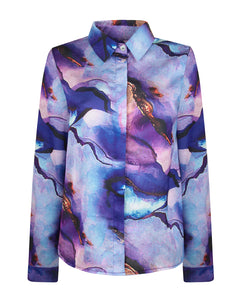 PURPLE MARBLE PRINT SATIN BLOUSE