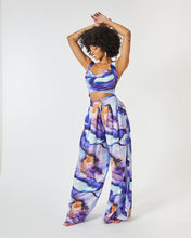 Load image into Gallery viewer, TIA WIDE LEG TROUSER WITH GATHERED WAISTBAND IN PURPLE MARBLE PRINT