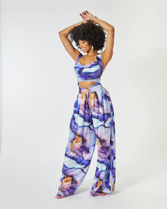 TIA WIDE LEG TROUSER WITH GATHERED WAISTBAND IN PURPLE MARBLE PRINT