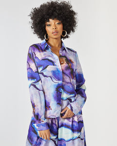 PURPLE MARBLE PRINT SATIN BLOUSE