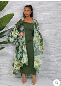 NATURE PRINT SHEER BALLOON SLEEVE CARDIGAN