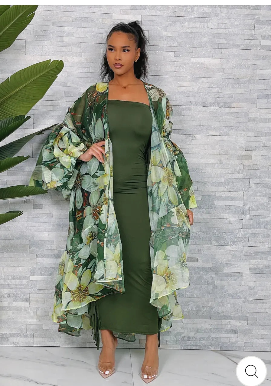 NATURE PRINT SHEER BALLOON SLEEVE CARDIGAN