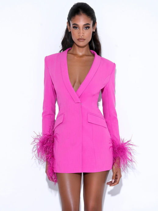 MADELINE FUCHSIA FEATHER TRIM BLAZER DRESS