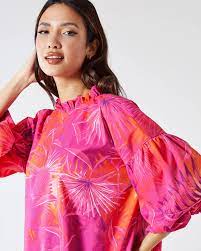 PINK TROPICAL PRINT OVERSIZED SMOCK MINI DRESS