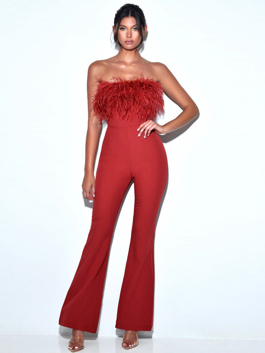 KYLAN BURGUNDY FEATHER JUMPSUIT