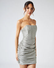 Load image into Gallery viewer, GOLD METALLIC CORSET MINI DRESS WITH RUCHED SKIRT