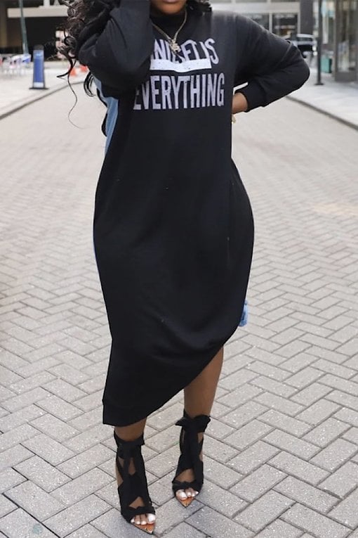 denim sweatshirt dress MINDSET IS EVERYTHING HALF DENIM SWEATSHIRT DRESS