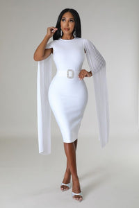 LONG PLEATED DRAPE SLEEVE MIDI BANDAGE DRESS