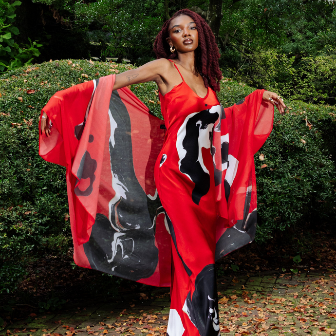 CEDRIC BROWN COLLECTION RED AND BLACK MARBLE SLIP DRESS