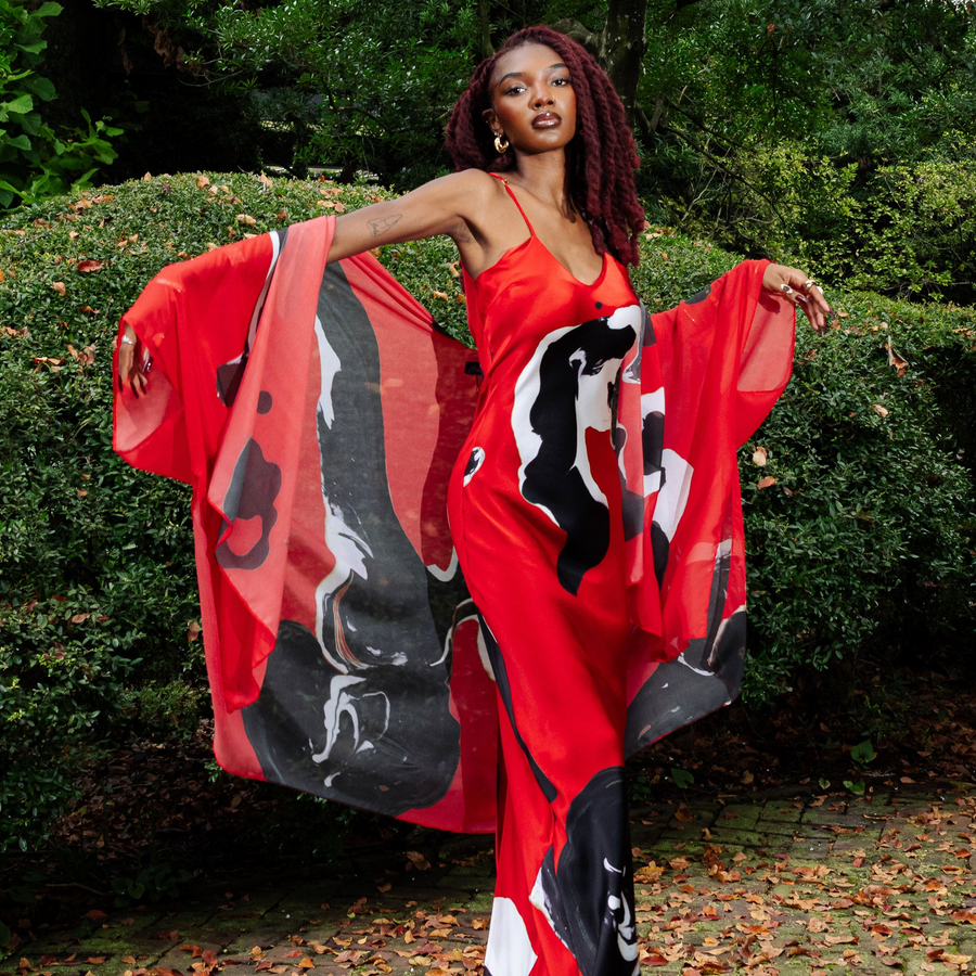CEDRIC BROWN COLLECTION RED AND BLACK MARBLE SLIP DRESS