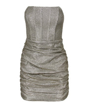 Load image into Gallery viewer, GOLD METALLIC CORSET MINI DRESS WITH RUCHED SKIRT