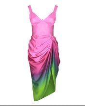 Load image into Gallery viewer, LAYLA MIDI DRESS WITH DRAPED SKIRT IN PURPLE AND GREEN OMBRE