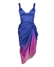 Load image into Gallery viewer, LAYLA MIDI DRESS WITH DRAPED SKIRT N BLUE AND PURPLE OMBRE