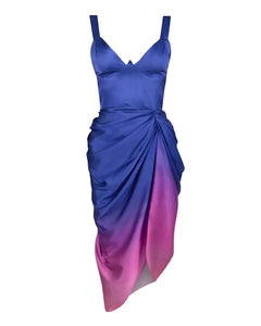 LAYLA MIDI DRESS WITH DRAPED SKIRT N BLUE AND PURPLE OMBRE