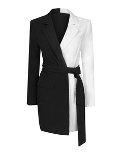 BLACK AND WHITE COLOR BLOCK BLAZER DRESS WITH BELTED TIE