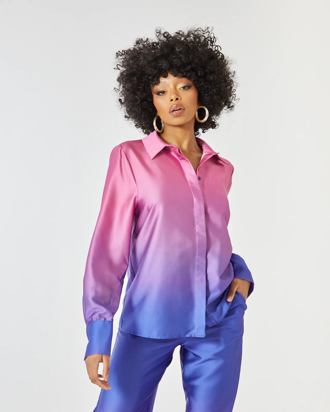 BLUE AND PURPLE OMBRE SATIN BLOUSE