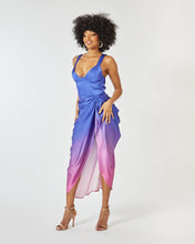 Load image into Gallery viewer, LAYLA MIDI DRESS WITH DRAPED SKIRT N BLUE AND PURPLE OMBRE