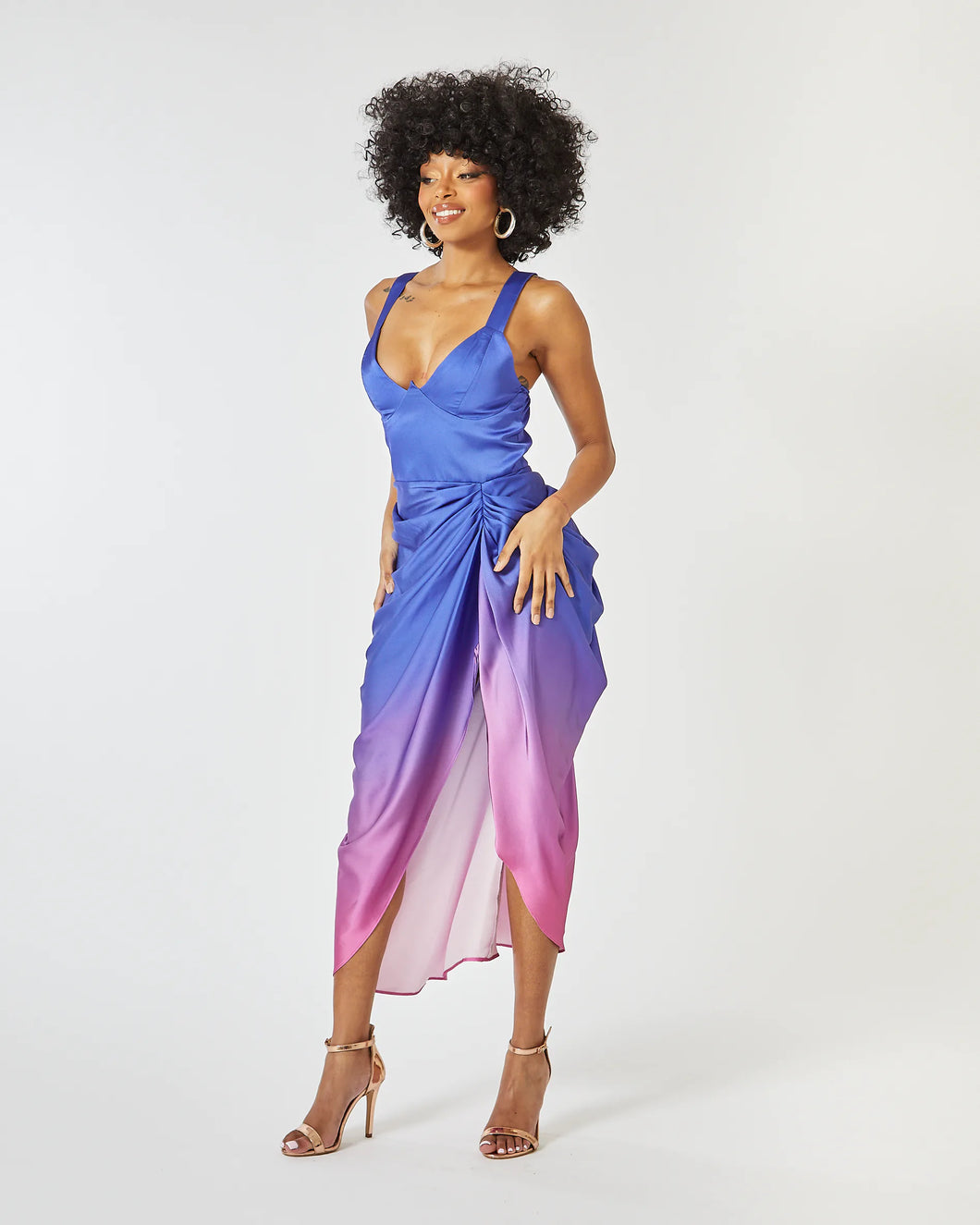 LAYLA MIDI DRESS WITH DRAPED SKIRT N BLUE AND PURPLE OMBRE
