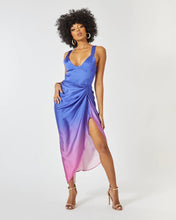 Load image into Gallery viewer, LAYLA MIDI DRESS WITH DRAPED SKIRT N BLUE AND PURPLE OMBRE