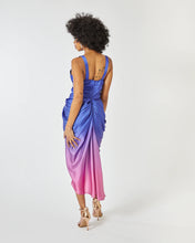 Load image into Gallery viewer, LAYLA MIDI DRESS WITH DRAPED SKIRT N BLUE AND PURPLE OMBRE